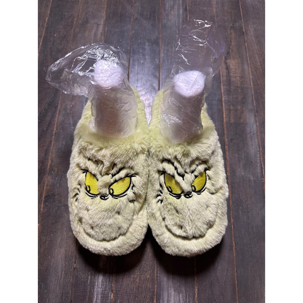 Grinch Faux Fur Slippers Womens Lime Green Christmas Holiday Plush House Shoes